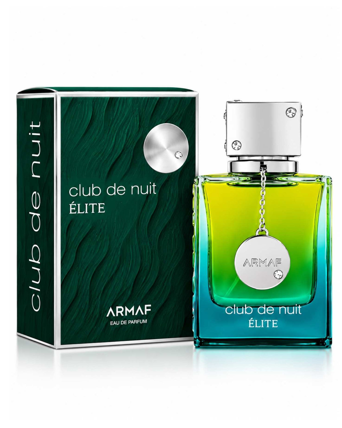 Armaf Club de Nuit Élite Eau de Parfum bottle with green and teal gradient glass standing next to its dark green textured packaging box.