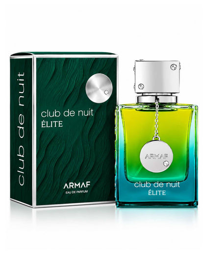 Armaf Club de Nuit Élite Eau de Parfum bottle with green and teal gradient glass standing next to its dark green textured packaging box.