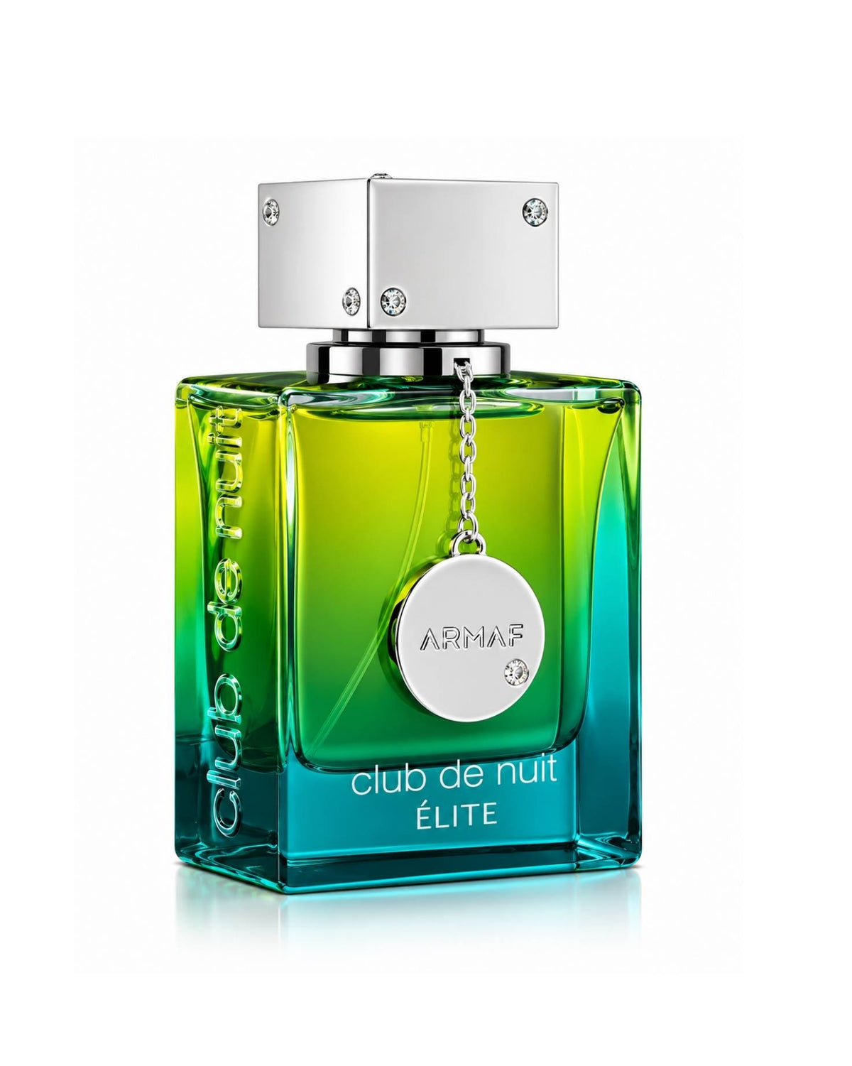 Side angle view of the Armaf Club de Nuit Élite Eau de Parfum bottle, showing the green and teal gradient glass, silver medallion, chrome cap, and embossed side lettering on a white background.