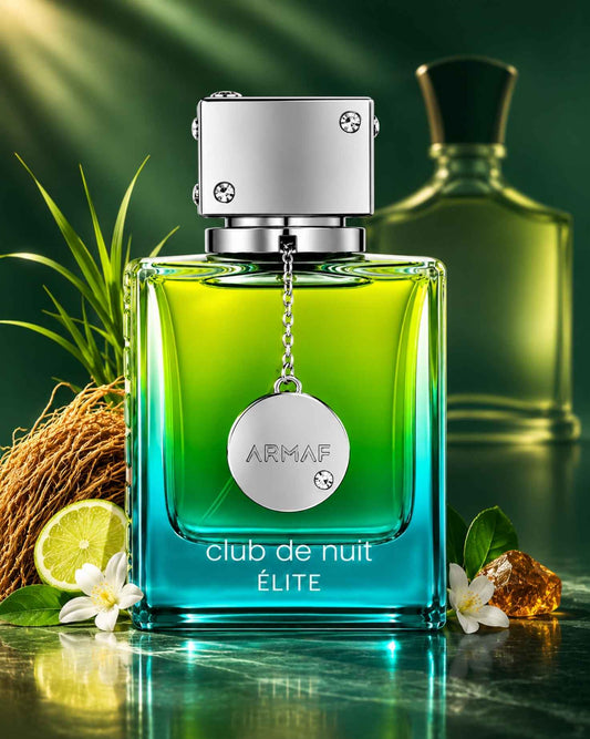 Armaf Club de Nuit Élite fragrance bottle displayed with scent note elements including sliced lime, white flowers, vetiver roots, and amber on a reflective surface.