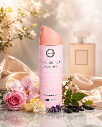 Armaf Club De Nuit For Women Perfume Body Spray 200ml surrounded by floral, citrus, and vanilla fragrance notes