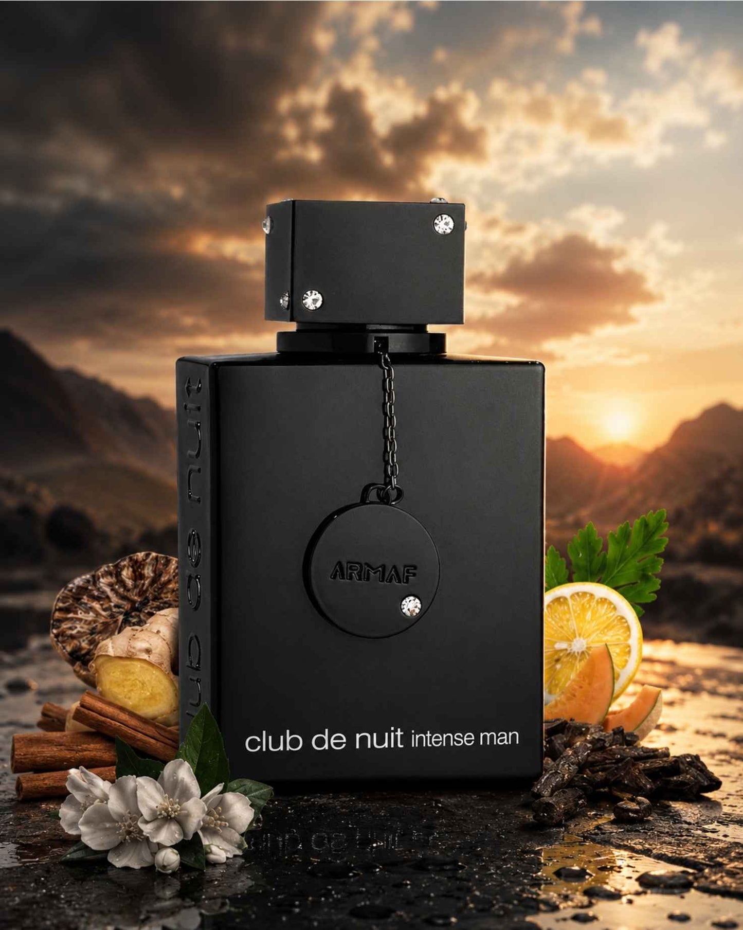 Armaf Club De Nuit Intense Man perfume bottle surrounded by citrus, spice, and floral fragrance ingredients at sunset