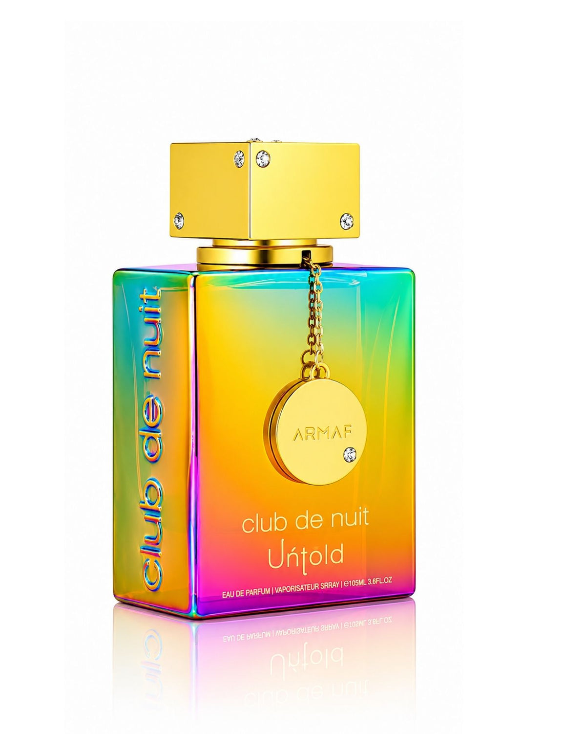 Armaf Club de Nuit Untold Eau de Parfum bottle in an iridescent rainbow gradient with a gold square cap, gold hanging medallion, and side lettering on a white surface with reflection.