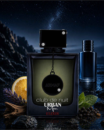 Armaf Club De Nuit Urban Man Elixir fragrance bottle with fresh citrus, lavender, and pepper notes under a night sky