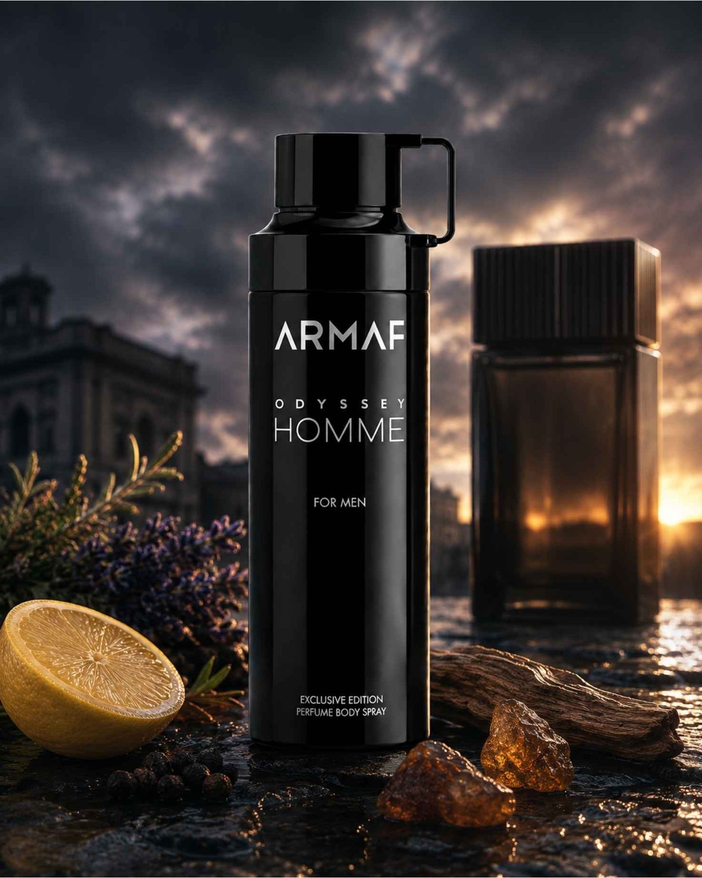 Armaf Odyssey Homme Exclusive Edition perfume body spray for men displayed with fragrance notes of sliced lemon, amber resin, lavender, and wood at sunset.