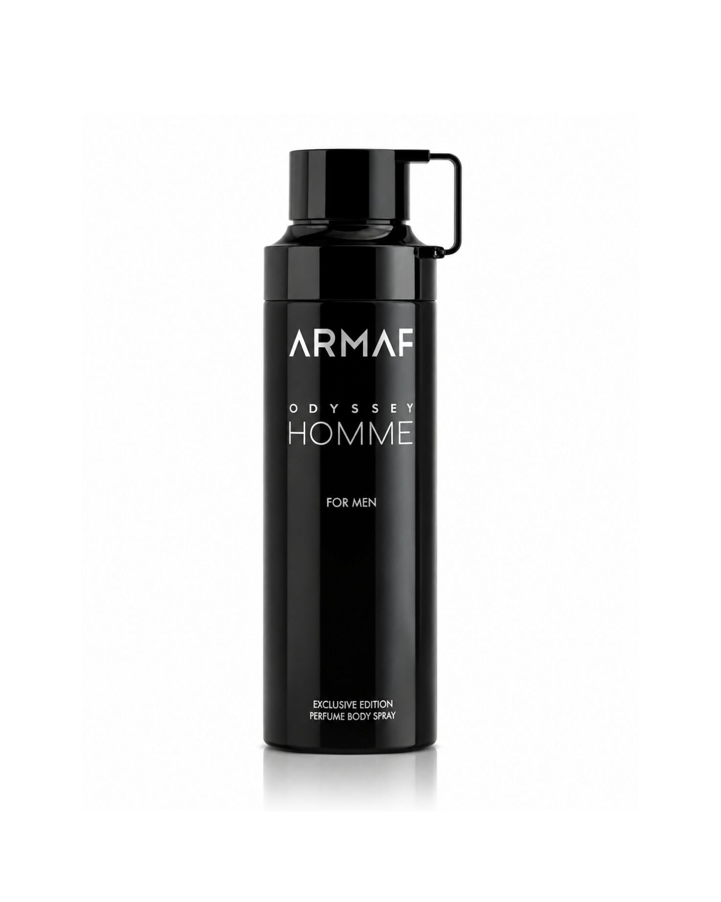 Armaf Odyssey Homme Exclusive Edition perfume body spray for men in a sleek black bottle.