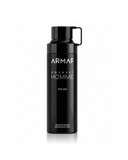 Armaf Odyssey Homme Exclusive Edition perfume body spray for men in a sleek black bottle.
