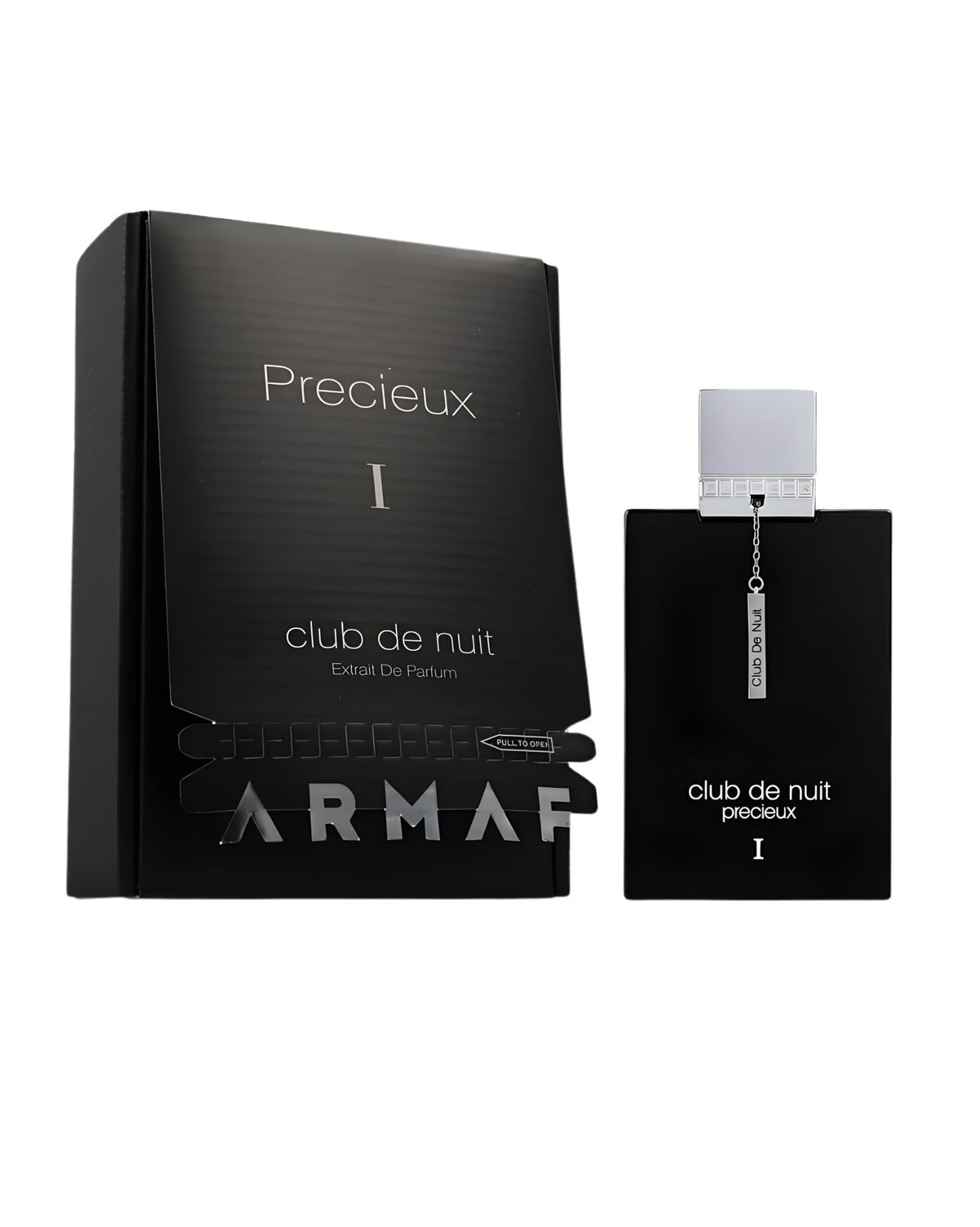 The Armaf Club De Nuit Precieux 1 Exdp bottle displayed next to its open black packaging box, showcasing the brand name and product line.