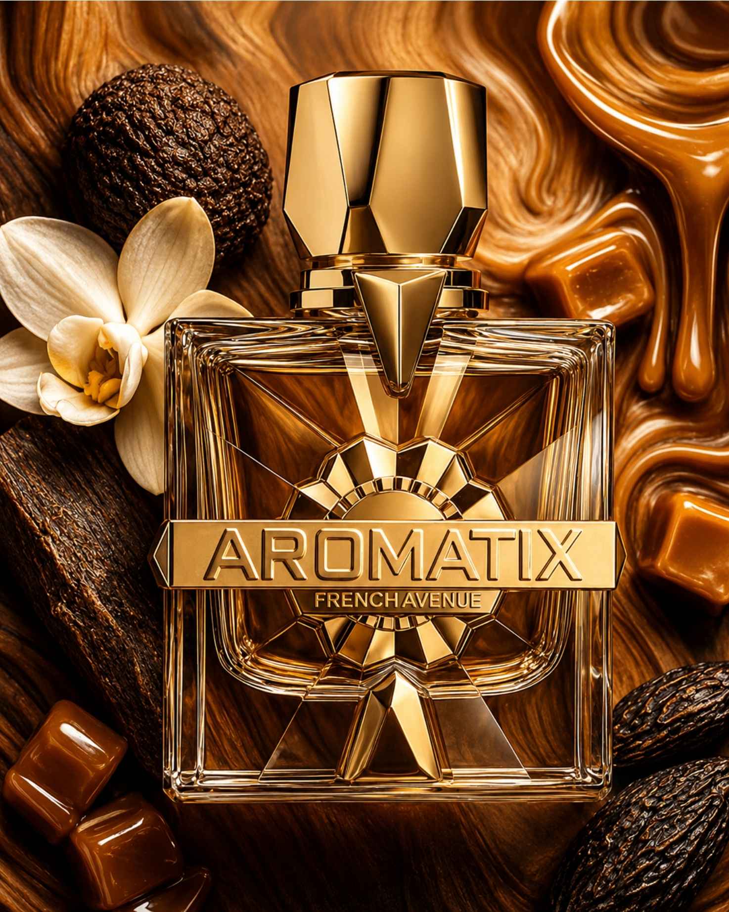 French Avenue Aromatix X XANDAL EXDP luxury perfume bottle with caramel and vanilla backdrop.
