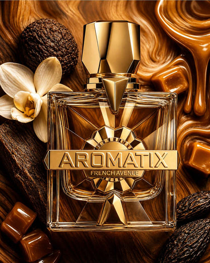 French Avenue Aromatix X XANDAL EXDP luxury perfume bottle with caramel and vanilla backdrop.