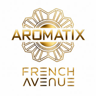 Official Aromatix French Avenue brand logo featuring a metallic gold geometric emblem and modern sans-serif typography on a white background.