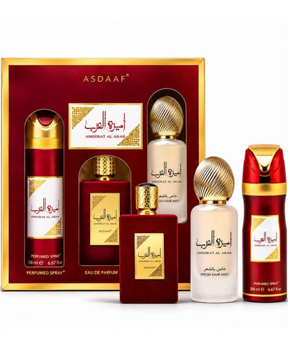 Asdaaf Ameerat Al Arab fragrance gift set with the Eau de Parfum, fresh hair mist, and body spray displayed both inside and outside the red presentation box.