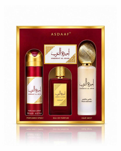 Asdaaf Ameerat Al Arab 3-piece luxury fragrance gift set box containing a 200ml perfumed body spray, an Eau de Parfum bottle, and a fresh hair mist.