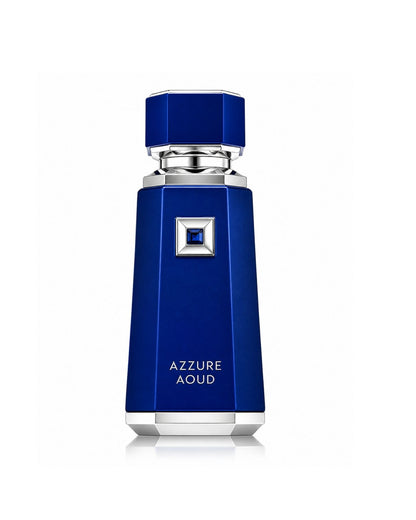 French avenue Azzure Aoud Eau de Parfum bottle featuring a deep royal blue geometric design with silver accents and a blue gemstone emblem on a plain white background.