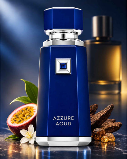 French avenue Azzure Aoud Eau de Parfum bottle displayed on a dark surface alongside a sliced passion fruit, white flower, agarwood chips, and amber resin.