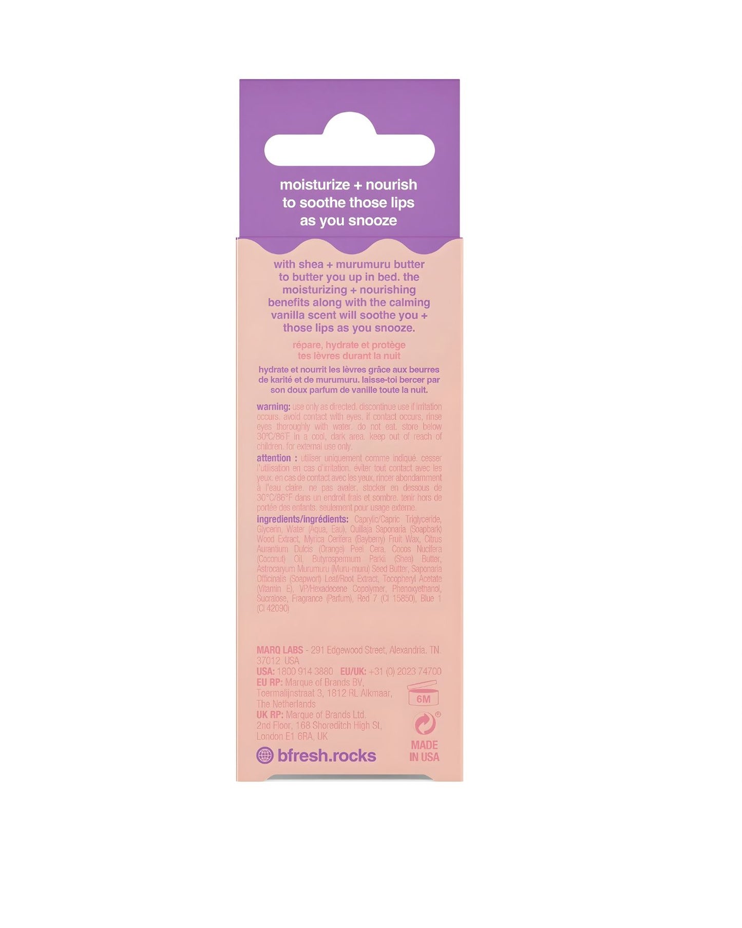 The back of the b.fresh very vanilla overnight lip serum packaging, which highlights the benefits to "moisturize + nourish those lips as you snooze" and lists the ingredients, warning, and company contact information.