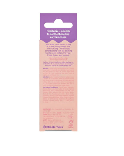 The back of the b.fresh very vanilla overnight lip serum packaging, which highlights the benefits to "moisturize + nourish those lips as you snooze" and lists the ingredients, warning, and company contact information.