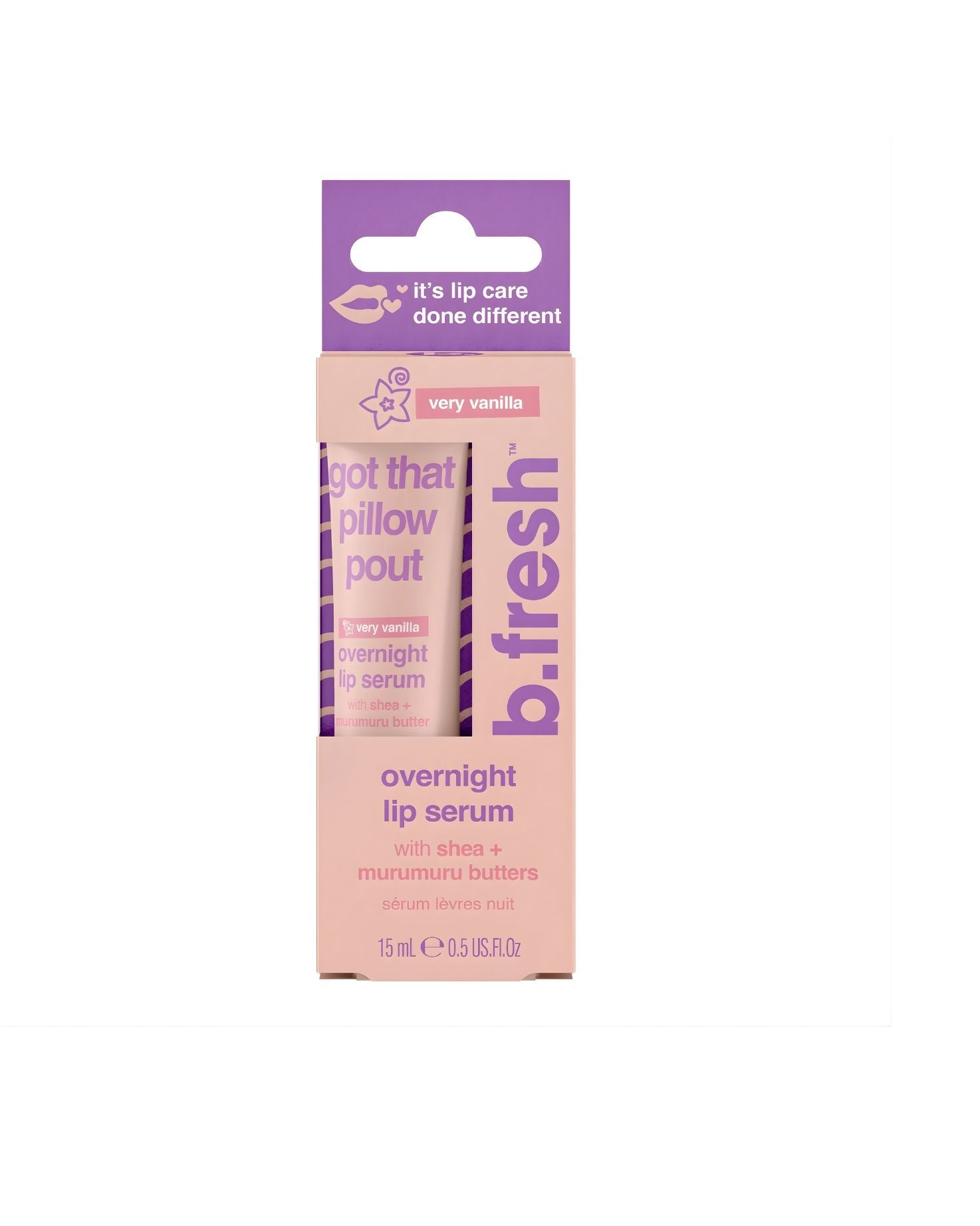 A product photo of the b.fresh very vanilla overnight lip serum packaging, a light pink box with purple text, stating "I got that pillow pout" and highlighting shea + murumuru butter. The tube inside is also visible.