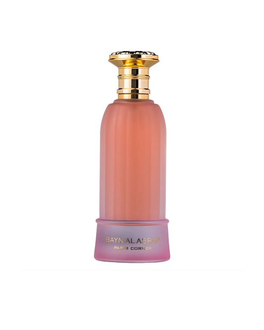 Frosted pink and purple gradient bottle of Bayn Al Asrar Edp perfume by Paris Corner with a gold ornate cap.