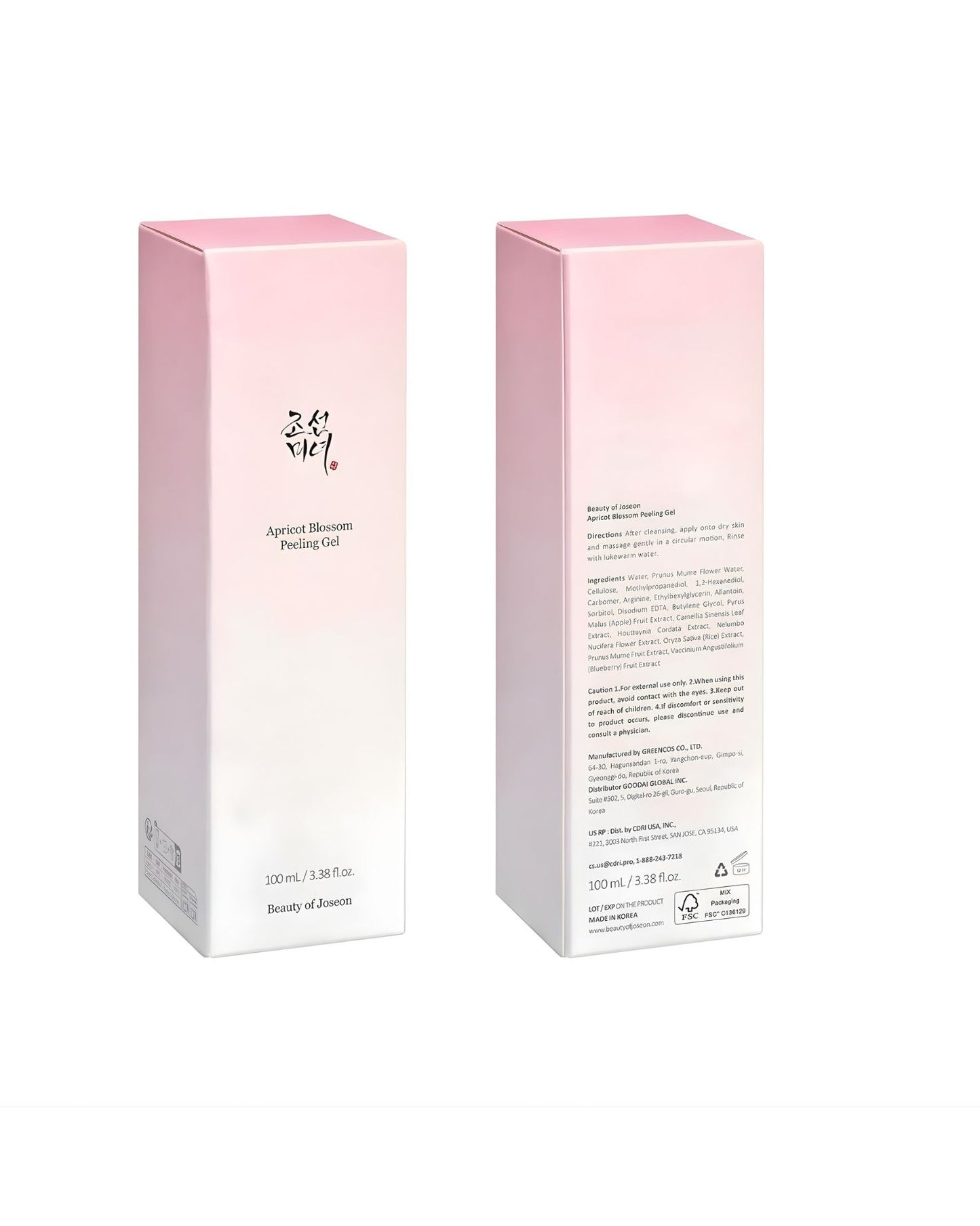 The pink and white cardboard box packaging for the Beauty of Joseon Apricot Blossom Peeling Gel, showing the front and ingredient list.