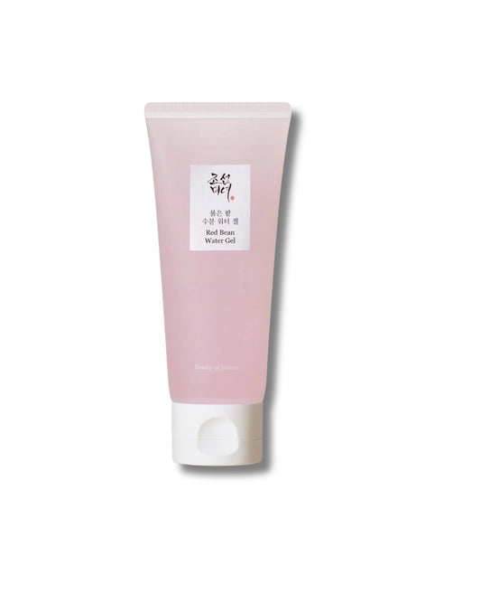 A translucent pink tube of Beauty of Joseon Red Bean Water Gel, shown upright with a white cap, isolated against a white background.