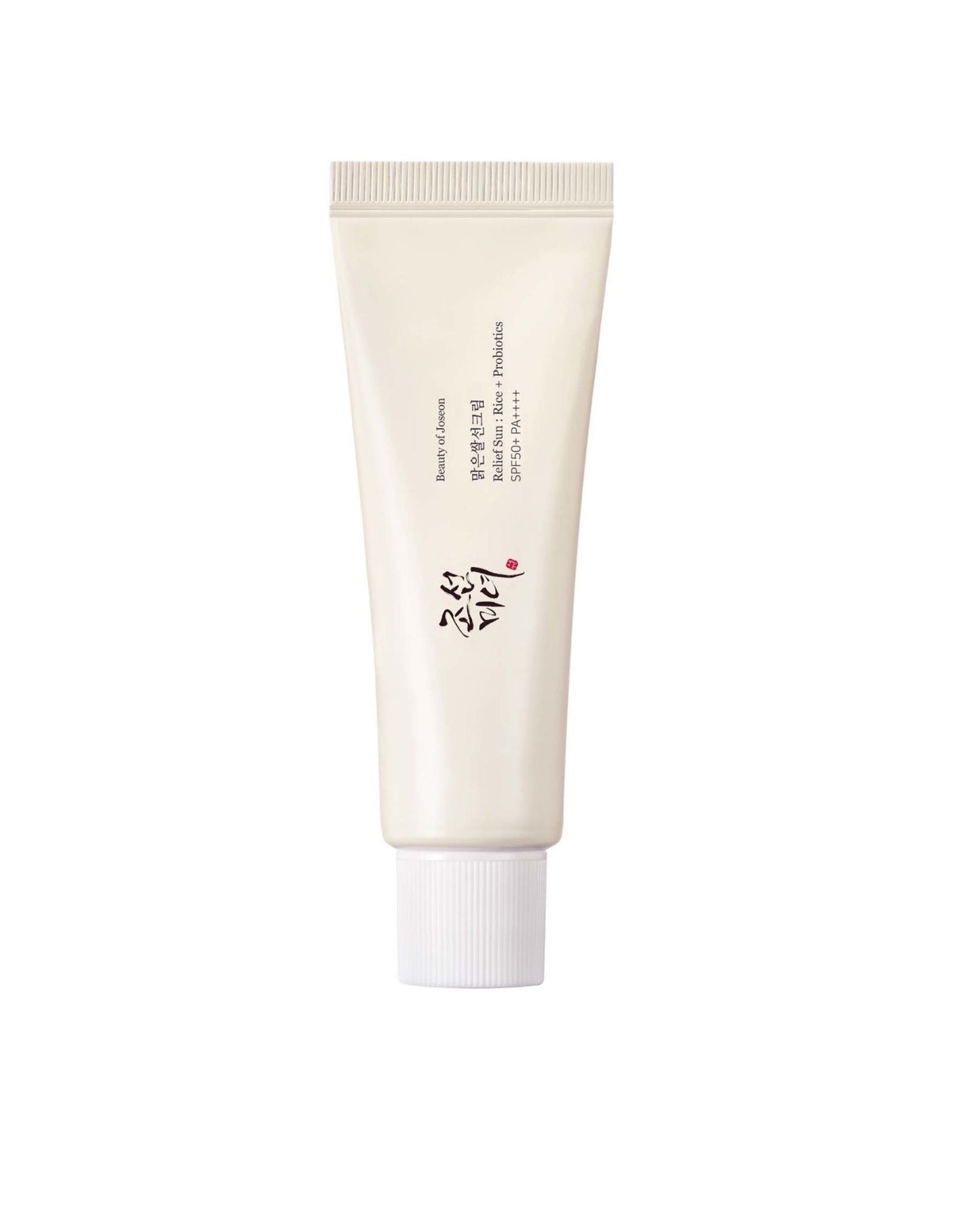 A white, squeeze-tube of Beauty of Joseon Relief Sun: Rice + Probiotics SPF 50+ PA++++ sunscreen, shown vertically against a pure white background.