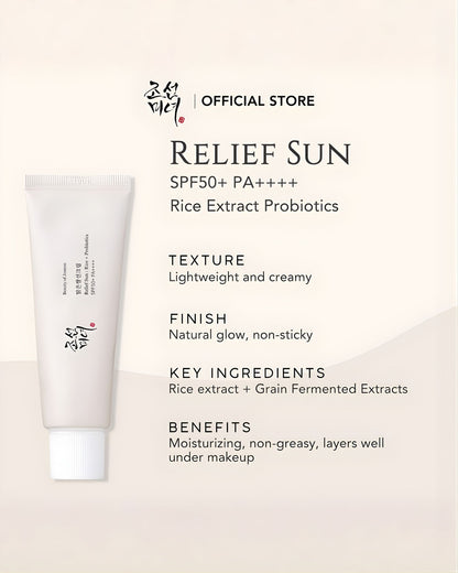 Promotional graphic for Beauty of Joseon Relief Sun: Rice Extract Probiotics SPF50+ PA++++, listing its features: lightweight creamy texture, natural glow non-sticky finish, and moisturizing, non-greasy benefits that layer well under makeup.