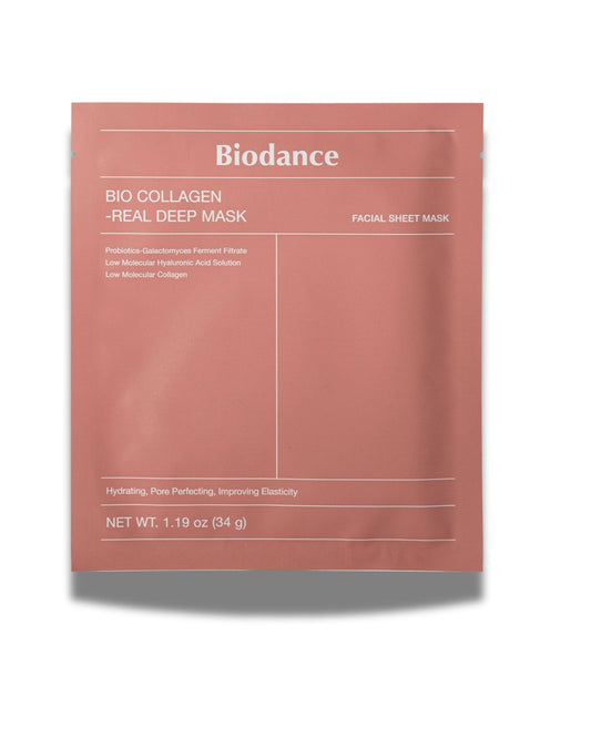 Close-up of the light pink Biodance Bio Collagen Real Deep Mask facial sheet mask packaging. Text highlights key ingredients like Probiotics-Galactomyces Ferment Filtrate, Low Molecular Hyaluronic Acid Solution, and Low Molecular Collagen, and benefits: Hydrating, Pore Perfecting, Improving Elasticity.