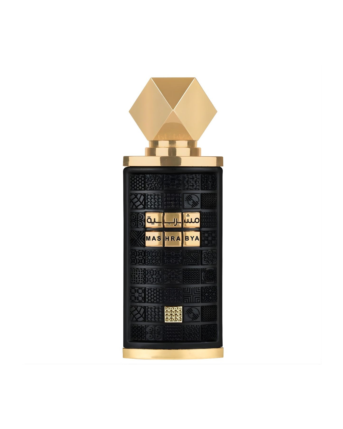 Black and gold luxury perfume bottle labeled "Mashrabya" in Arabic and English, featuring a textured, patterned black body and a geometric gold cap.