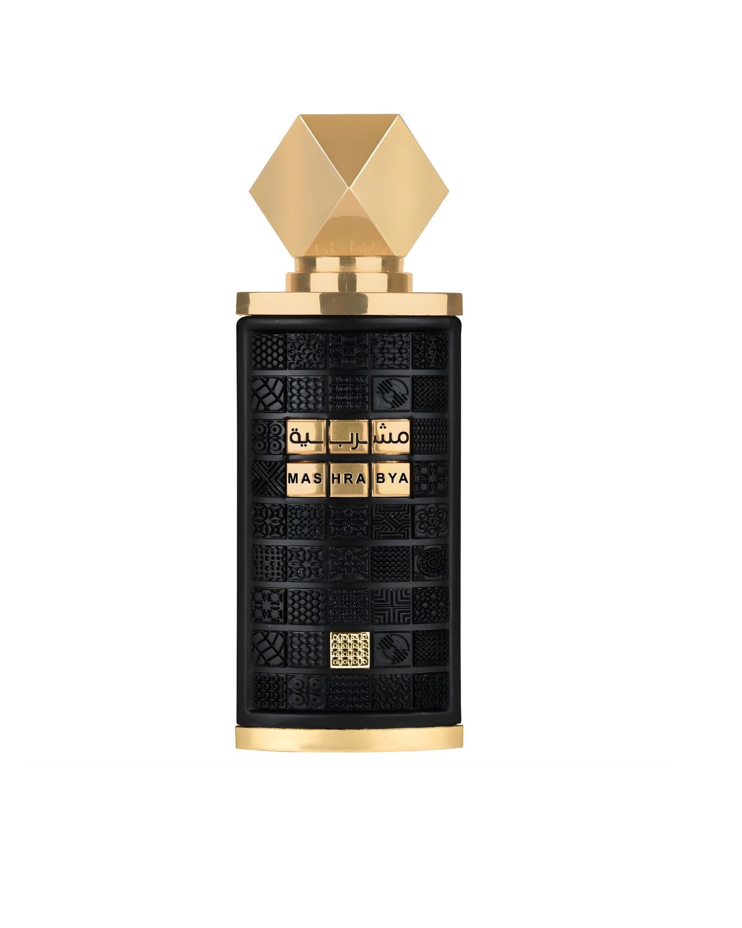 Black and gold luxury perfume bottle labeled "Mashrabya" in Arabic and English, featuring a textured, patterned black body and a geometric gold cap.
