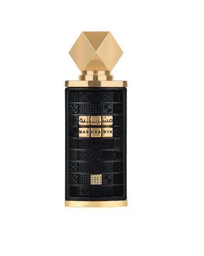 Black and gold luxury perfume bottle labeled "Mashrabya" in Arabic and English, featuring a textured, patterned black body and a geometric gold cap.