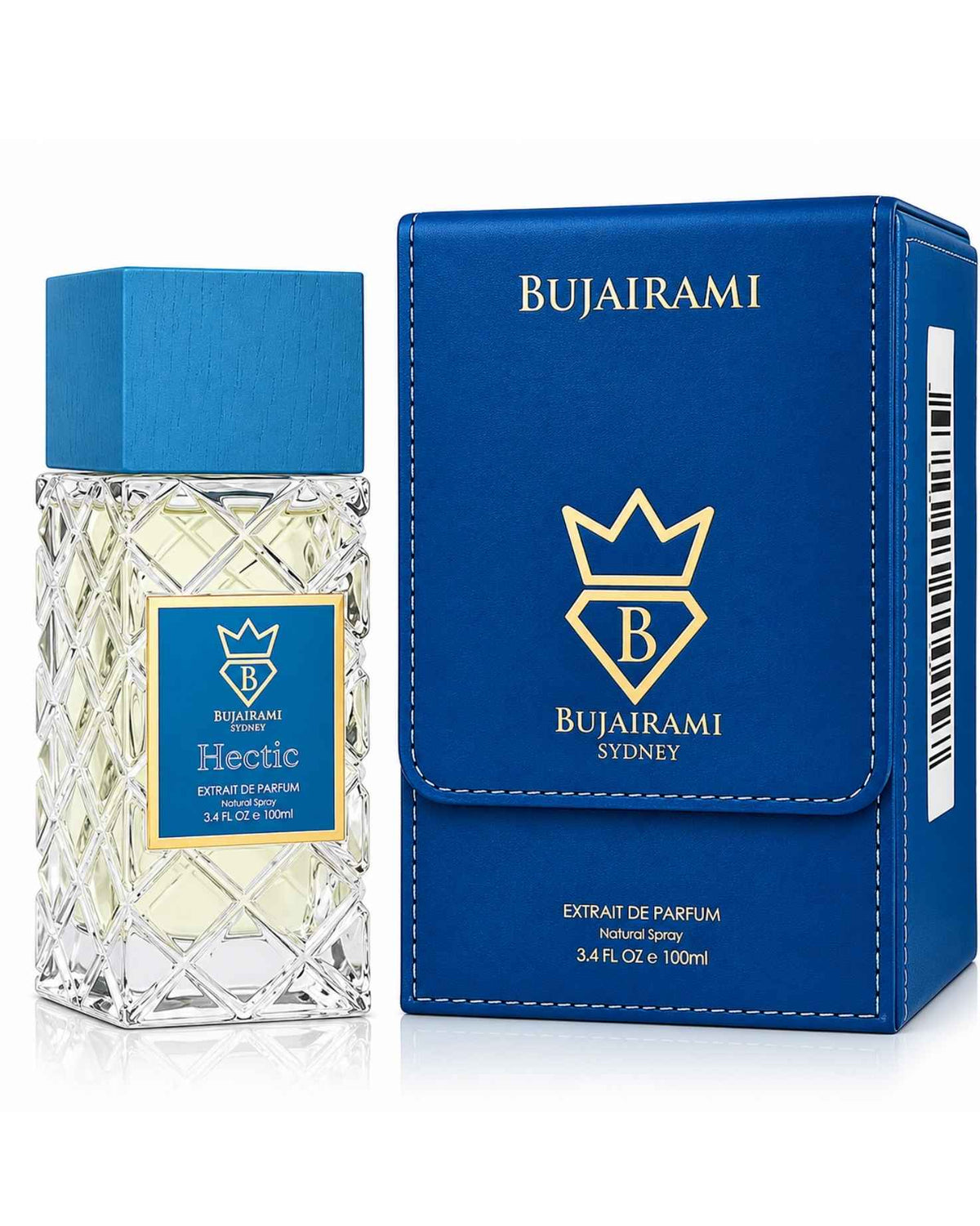 Bujairami Hectic Extrait de Parfum 100ml bottle with a blue wooden cap standing beside its matching blue leatherette presentation box on a white reflective surface.