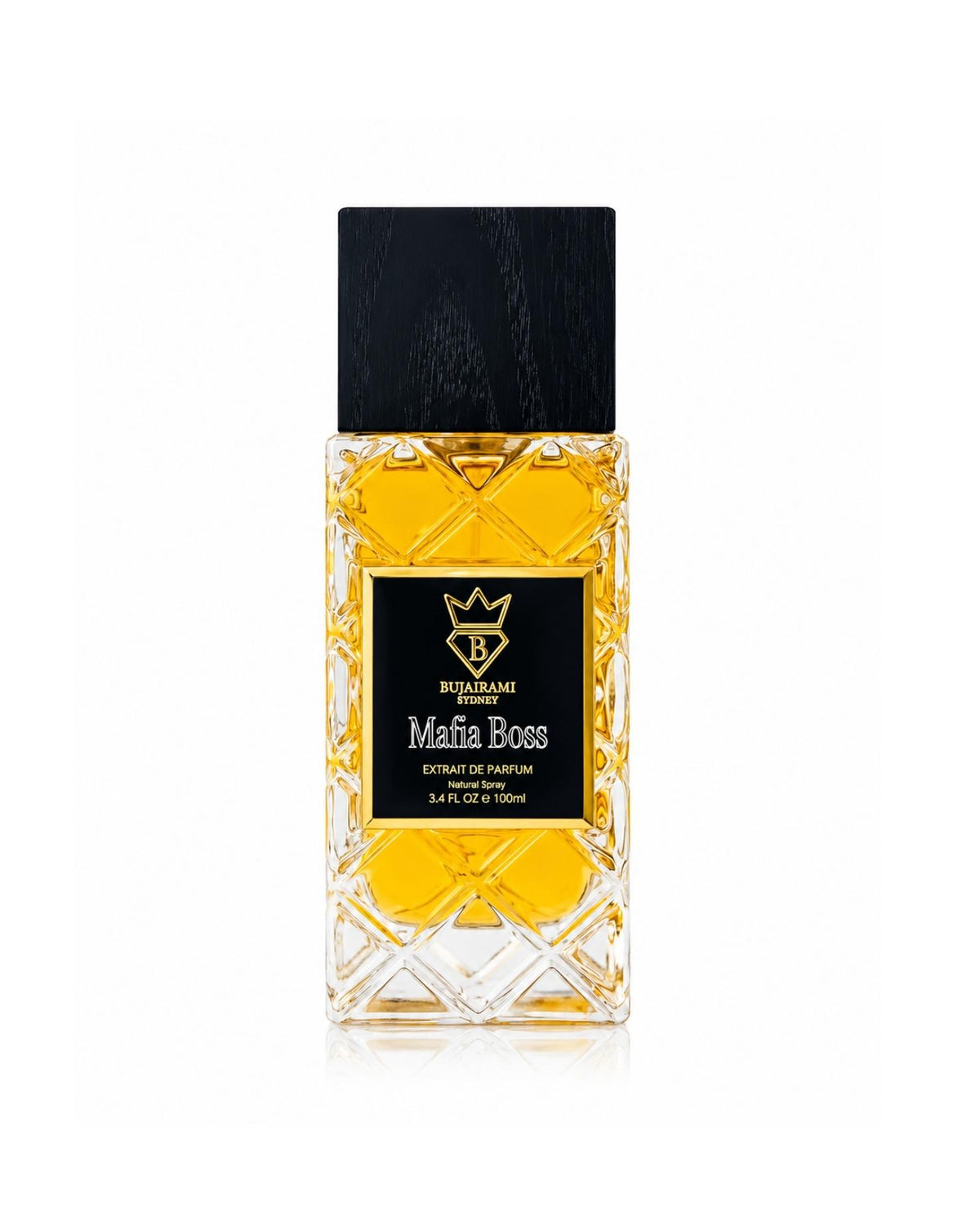Bujairami Sydney Mafia Boss Extrait de Parfum 100ml bottle featuring a quilted crystal glass design, black wood cap, and a gold-bordered label on a plain white background.