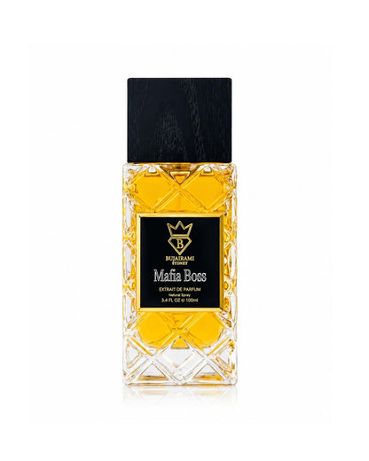 Bujairami Sydney Mafia Boss Extrait de Parfum 100ml bottle featuring a quilted crystal glass design, black wood cap, and a gold-bordered label on a plain white background.
