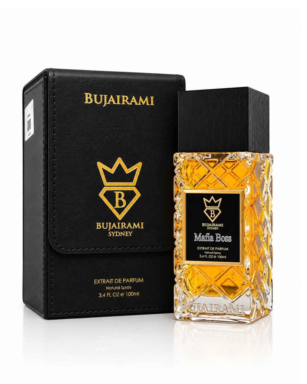 Bujairami Sydney Mafia Boss Extrait de Parfum 100ml bottle in quilted crystal glass standing next to its black leatherette packaging box on a white background.