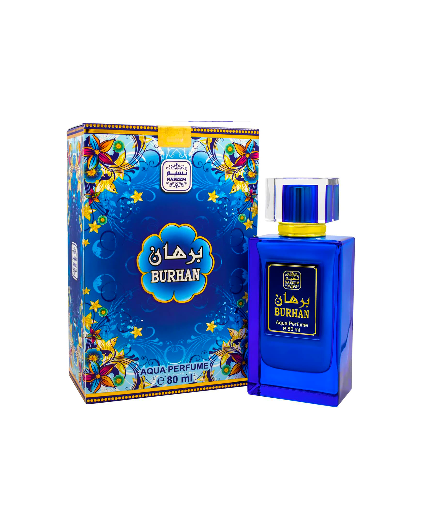 BURHAN Aqua Parfumbottle shows beside confezion box.