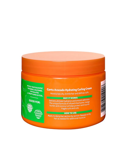 Back view of Cantu Avocado Hydrating Curling Cream jar showing ingredients like shea butter, mango butter, and coconut oil. Label highlights its sulfate-free formula designed for Type 3 curls and Type 4 coils.