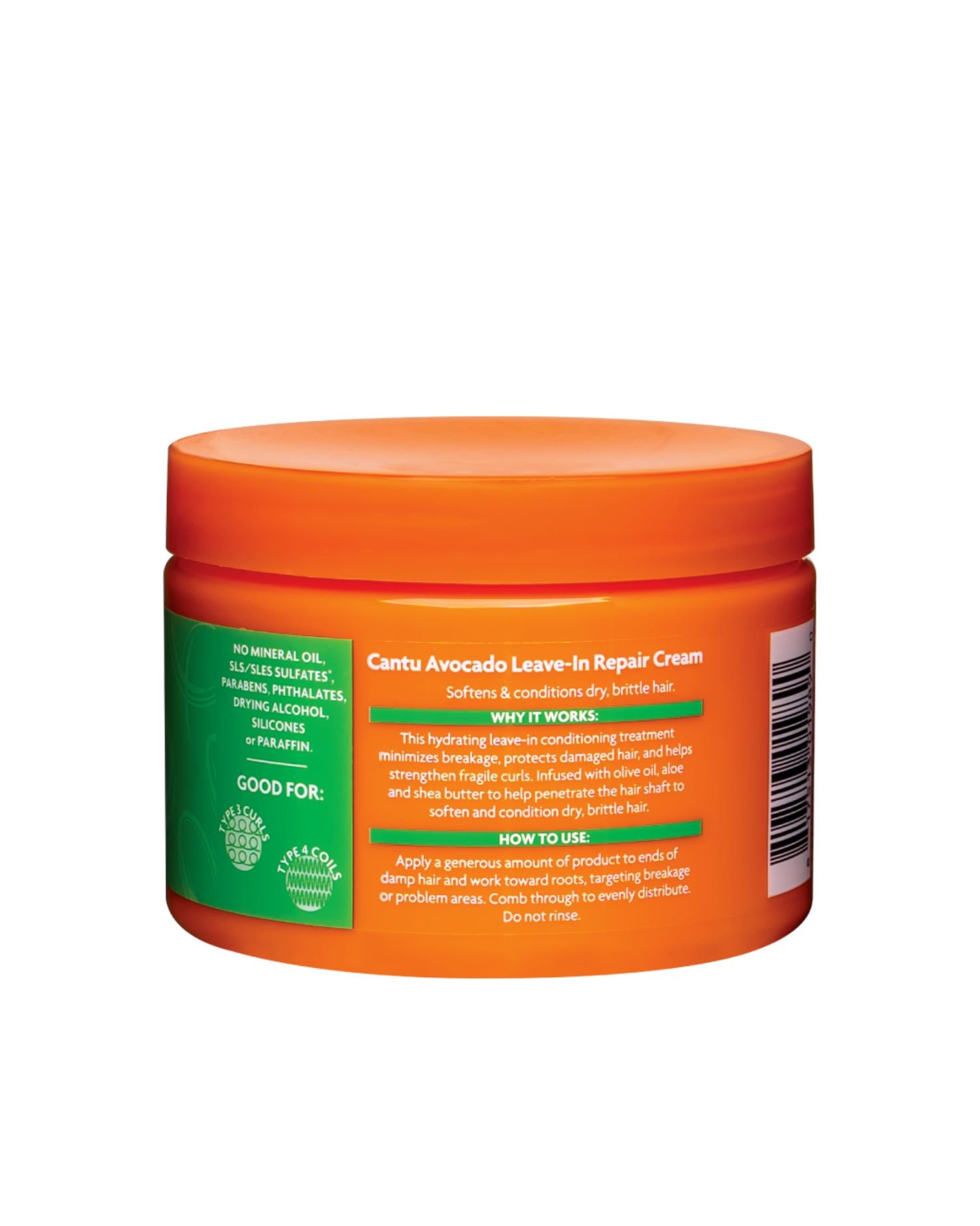 Back label of Cantu Avocado Leave-In Repair Cream showing directions for use, benefits for Type 3 curls and Type 4 coils, and a list of excluded ingredients like sulfates and parabens.