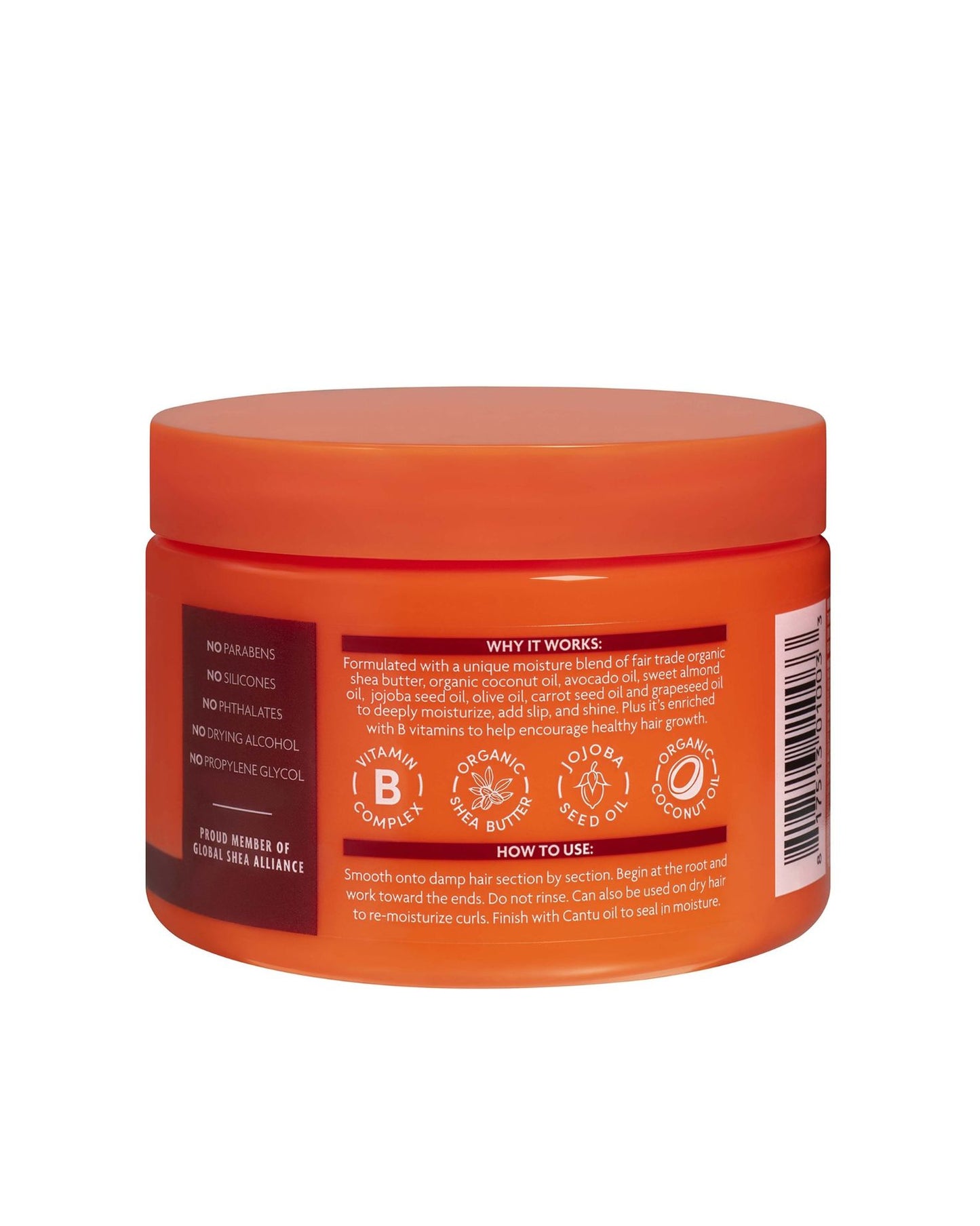 The back label of Cantu shea butter Coconut Curling Cream showing 'How to Use' instructions and a list of key ingredients including organic shea butter and jojoba seed oil.