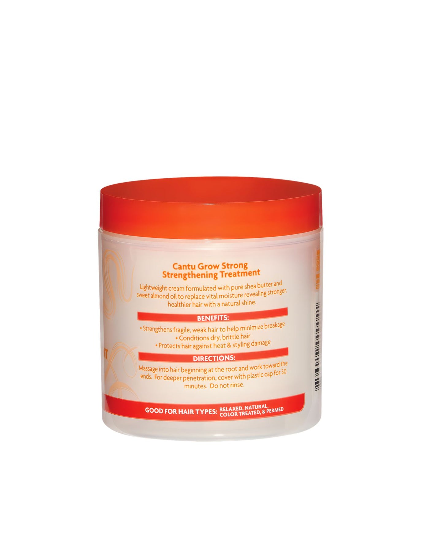 Product information label for Cantu SHEA BUTTER Grow Strong Strengthening Treatment. It lists benefits such as minimizing breakage and heat protection, and directs users to massage from root to tip without rinsing for best results.