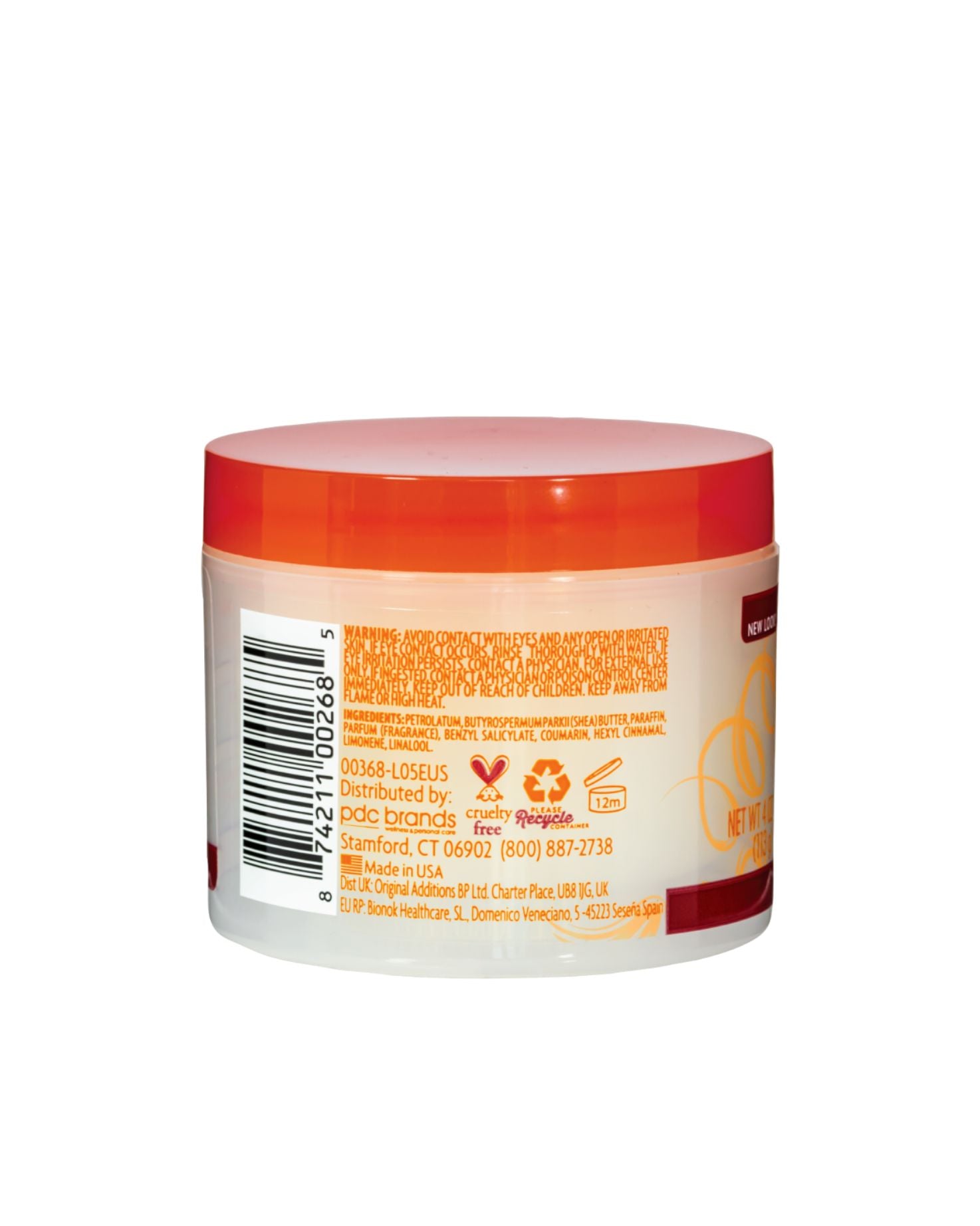 Back label of Cantu Shea Butter Hair Dressing Pomade showing ingredients list, barcode, cruelty-free certification, and safety warnings.