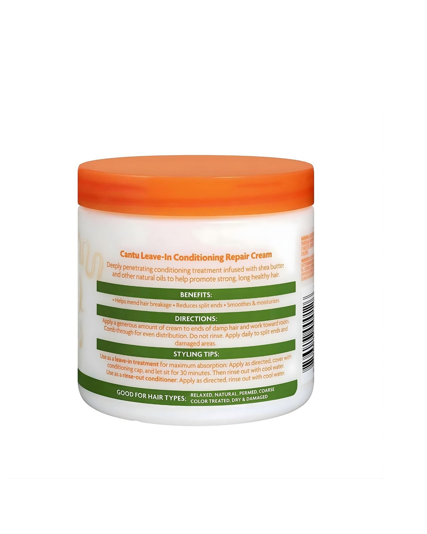 Product label for Cantu Leave-In Conditioning Repair Cream showing directions, hair benefits, and styling tips. Suitable for relaxed, natural, permed, coarse, and color-treated hair types.