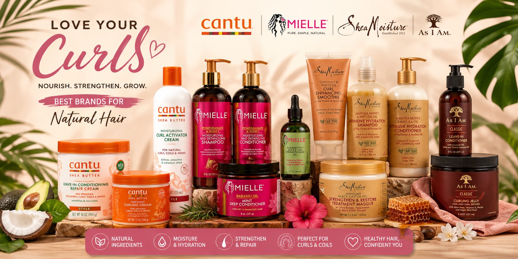 Display of natural hair products for curls and coils featuring Cantu, Mielle Organics, SheaMoisture, and As I Am lines.
