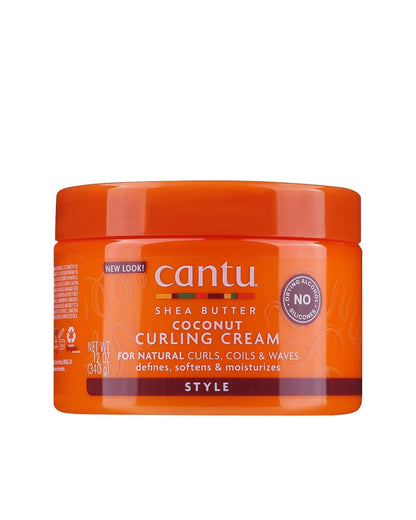 Cantu Shea Butter Coconut Curling Cream in a 12 oz orange jar for natural curls, coils, and waves.