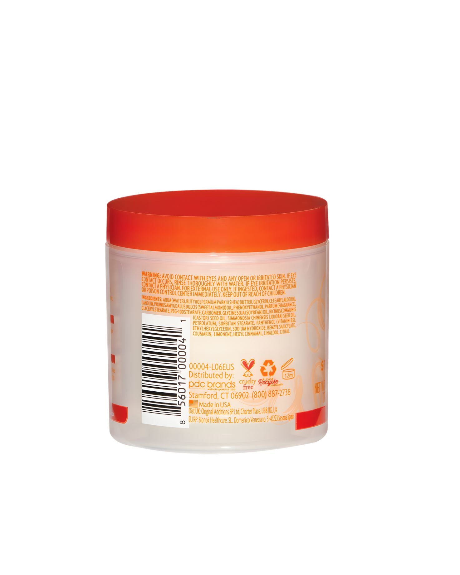 Detailed ingredient list for Cantu shea butter Grow Strong Strengthening Treatment, including shea butter, sweet almond oil, and jojoba oil. The label also displays the cruelty-free logo and recycle symbol.