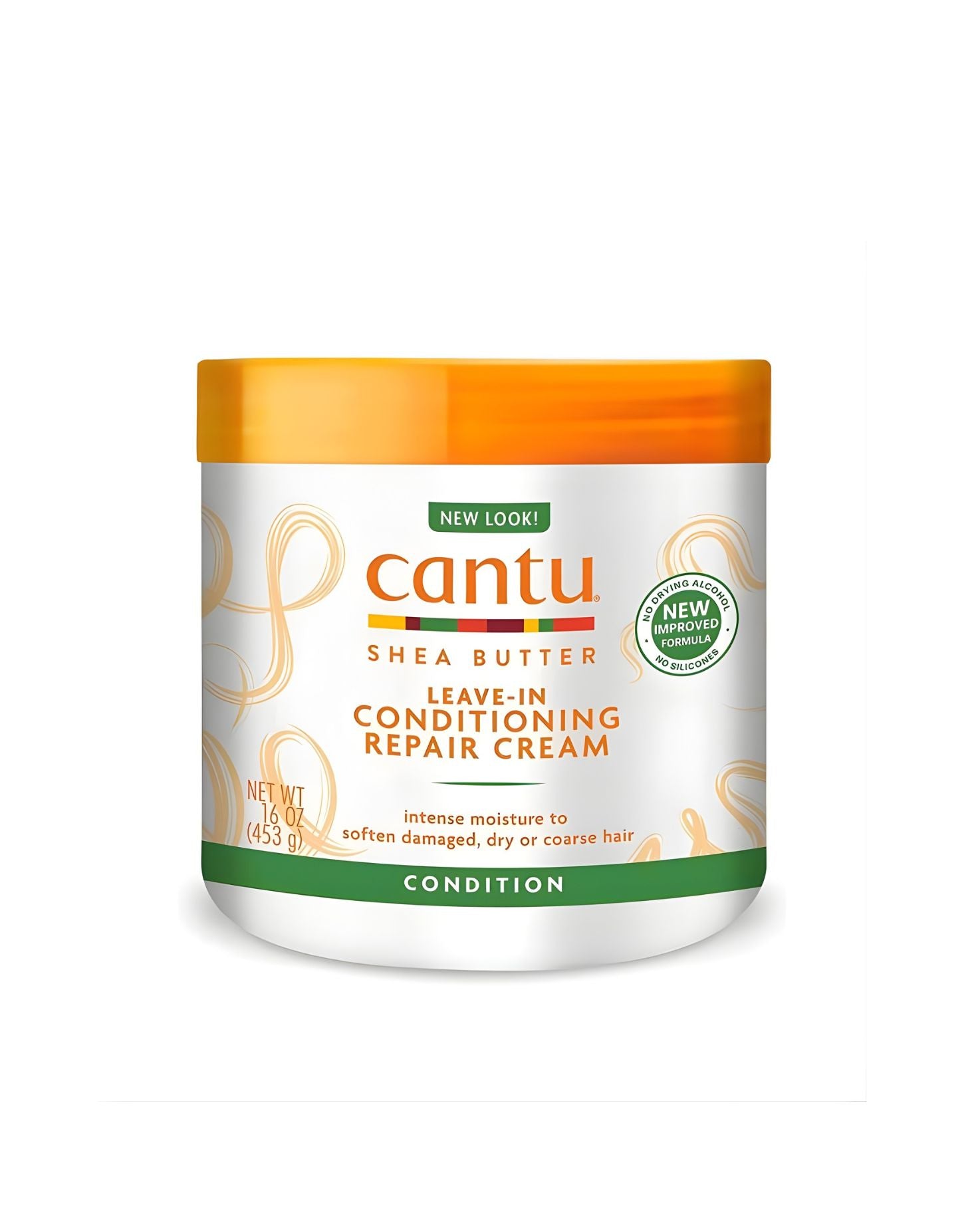 Cantu Shea Butter Leave-In Conditioning Repair Cream in a 16 oz jar, formulated for intense moisture to soften damaged, dry, or coarse hair. Silicone-free and no drying alcohol.