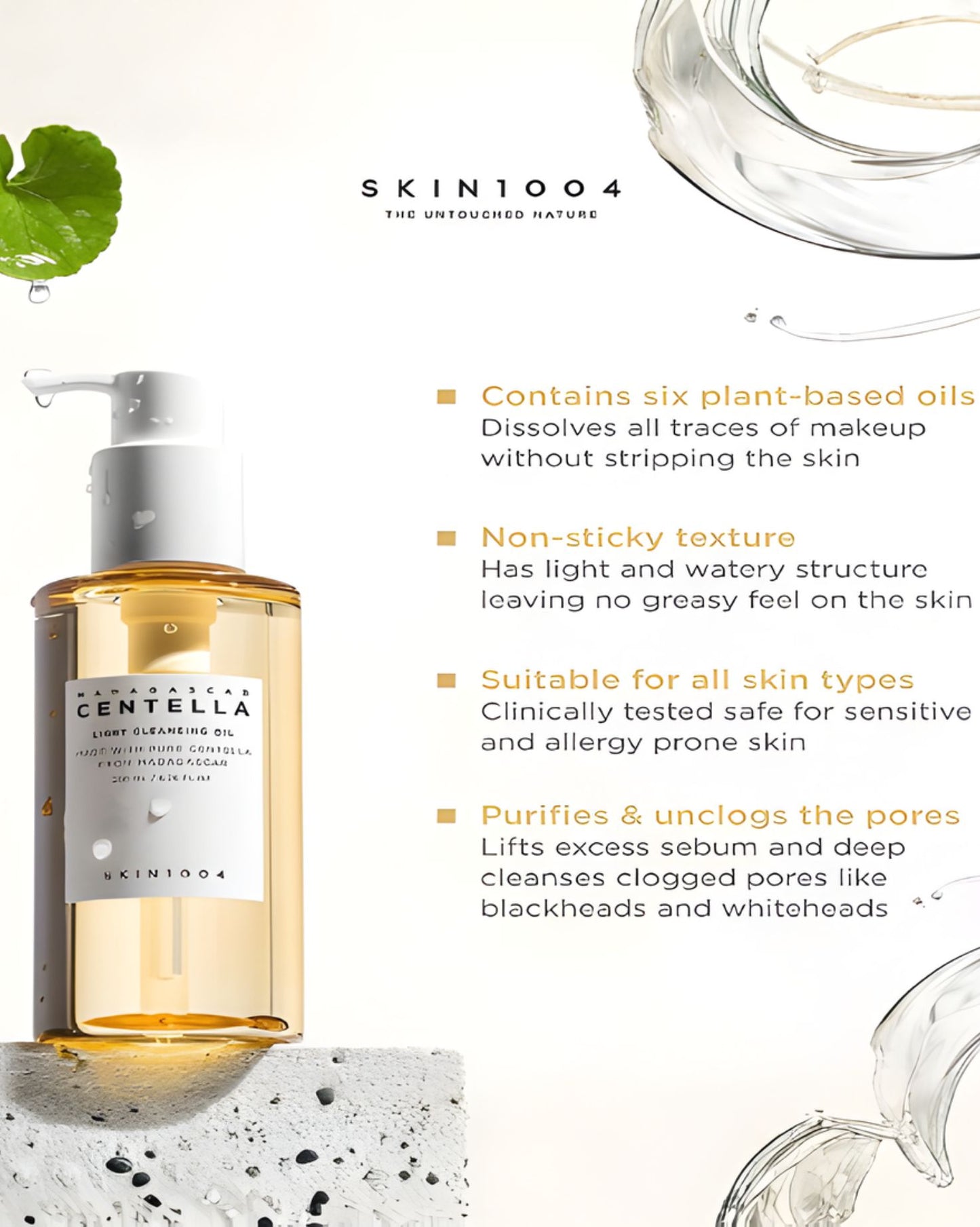 Infographic image for Skin1004 Madagascar Centella Light Cleansing Oil, listing its benefits: contains six plant-based oils, non-sticky, suitable for all skin types, and purifies and unclogs pores.