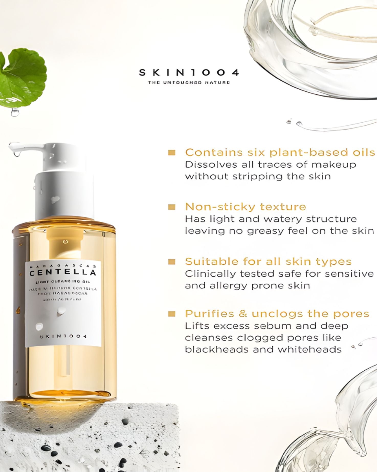 Infographic image for Skin1004 Madagascar Centella Light Cleansing Oil, listing its benefits: contains six plant-based oils, non-sticky, suitable for all skin types, and purifies and unclogs pores.