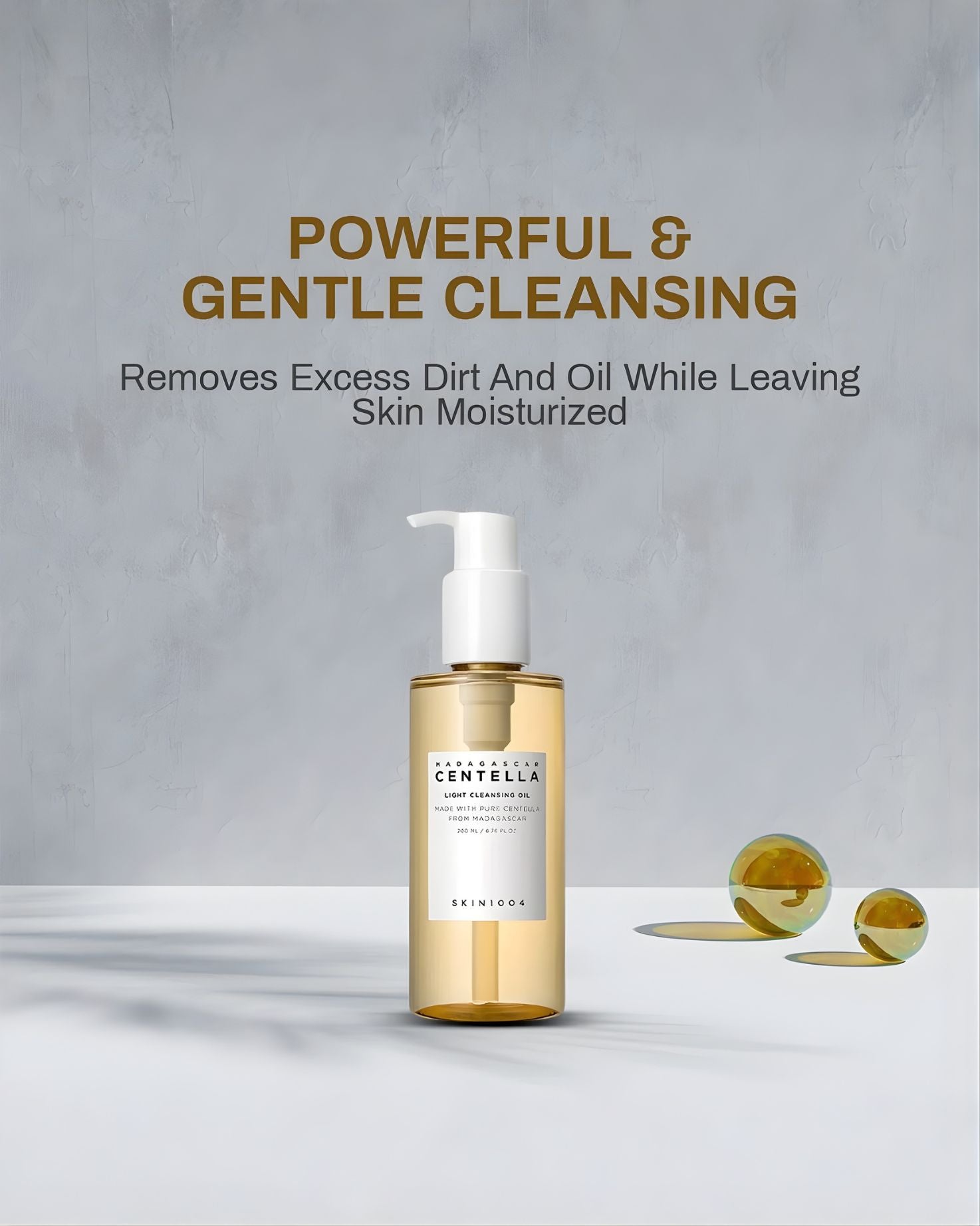 Skin1004 Madagascar Centella Light Cleansing Oil bottle shown with text highlighting its 'Powerful & Gentle Cleansing' that removes dirt and oil while leaving skin moisturized.