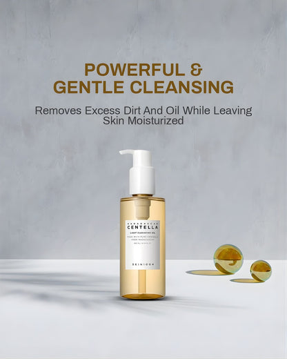 Skin1004 Madagascar Centella Light Cleansing Oil bottle shown with text highlighting its 'Powerful & Gentle Cleansing' that removes dirt and oil while leaving skin moisturized.